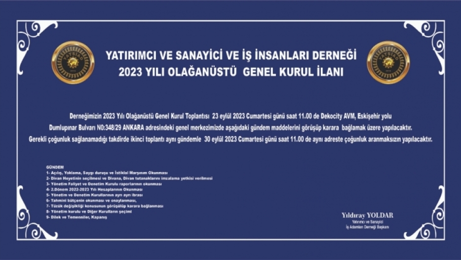 2023 yılı Olağanüstü Genel Kurul İlanı